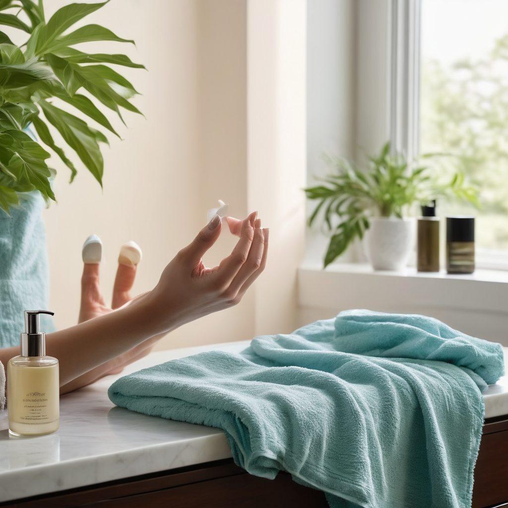 A serene bathroom scene featuring a stylish vanity with a variety of Aloette beauty products artfully arranged. Soft, natural light illuminates the scene, highlighting a lush green plant and a calming blue towel. Include a close-up of hands applying a luxurious cream to the face, exuding a transformation effect. Evoke feelings of rejuvenation and beauty. super-realistic. soft colors. clean background.