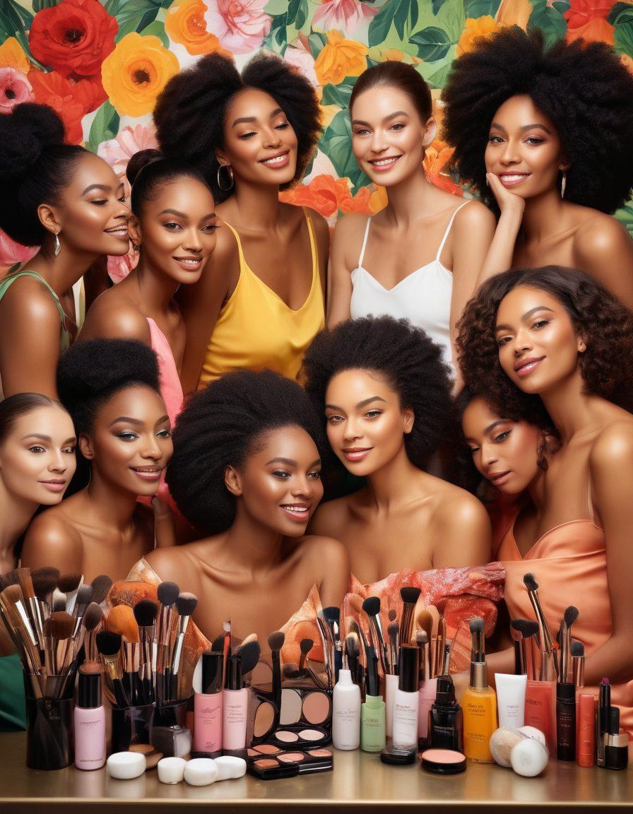 A harmonious scene featuring a diverse group of women applying various makeup techniques, surrounded by natural beauty products from Aloette. Each woman has radiant, flawless skin illuminated by soft, warm lighting, with a backdrop of lush greenery symbolizing holistic beauty. Include makeup brushes, skincare bottles, and an open guidebook showcasing tips and techniques. Capture a sense of empowerment and confidence. vibrant colors. painting.