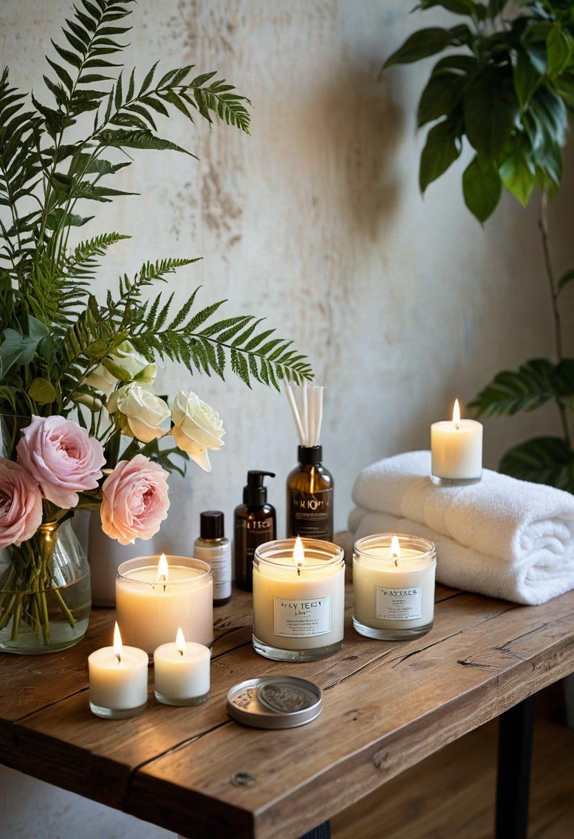 A serene spa setting featuring a variety of Aloette beauty products artfully displayed on a wooden table surrounded by fresh flowers and soft candles. The scene captures soft natural light illuminating the products, highlighting their elegance. A person with flawless glowing skin is gently applying a cream from one of the jars, radiating a sense of natural beauty and calm. The background includes lush greenery to evoke freshness and rejuvenation. super-realistic. soft pastel colors. warm light.